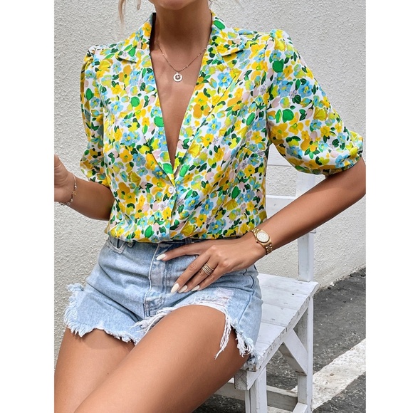 Floral Yellow Green Blue Button Down Puff Sleeve Shirt Lapel V-Neck - Picture 4 of 8